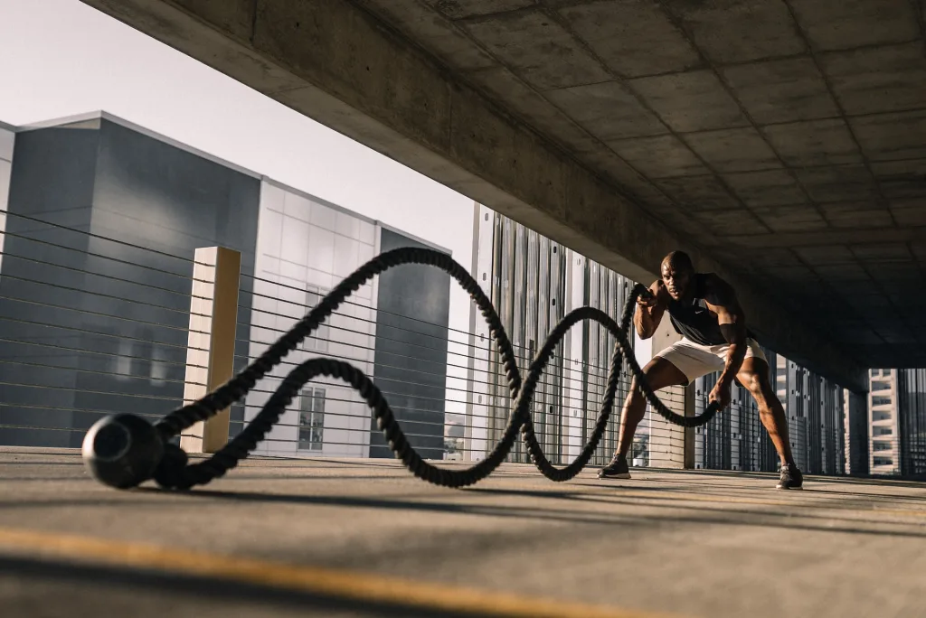 male athlete battle rope training